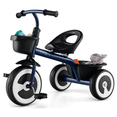 Babyjoy Toddler Tricycle Kids Trike with Adjustable Seat Front & Rear Storage Baskets Navy/White/Pink