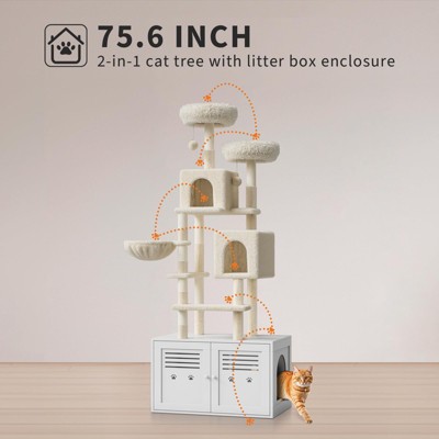 Modern 75.6" Tall 2-in-1 Cat Tree w/ Hidden Litter Box Enclosure, Scratching Posts, Condos & Perches, White