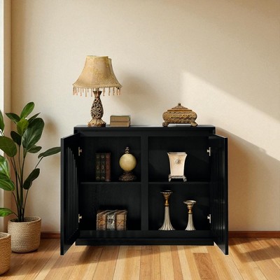 Fluted Buffet Cabinet with Curved Doors, Solid Wood Veneer Storage Sideboard for Entryway, Kitchen, Dining Room, Coffee Bar