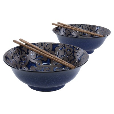 BIA Cordon Bleu Set of 2 8" Ellyn Dining Bowls Blue with Jichimu Wood Chopsticks