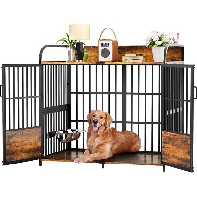 ELJGET 41" /48" Dog Crate Furniture with Adjustable Bowls, Wooden Dog Kennel, Decorative Dog Cage End Table for Small, Medium Dogs, Brown