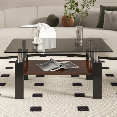 Syemin Rectangular Side Table Set, Two-Layer Coffee Table with Tempered Glass Top for Modern Living Room, Gray, 39.2"*23.4"*17.7"