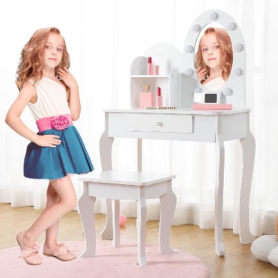 Vanity with Light, Pink Girls Vanity Set with Mirror, Stool Drawer and Pretend Makeup Playset