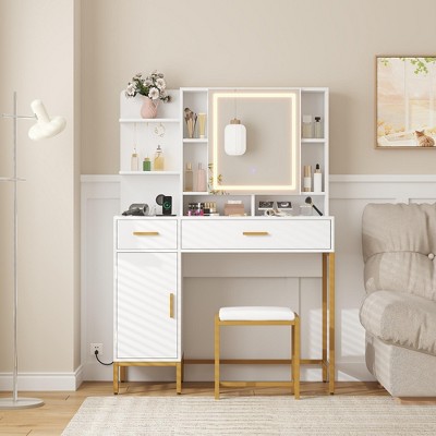 Makeup Vanity Desk with Lighted Mirror & Power Outlet,Makeup Table with 2 Drawers,9 Open Shelves & 2 Cabinets,with Cushioned Stools-White