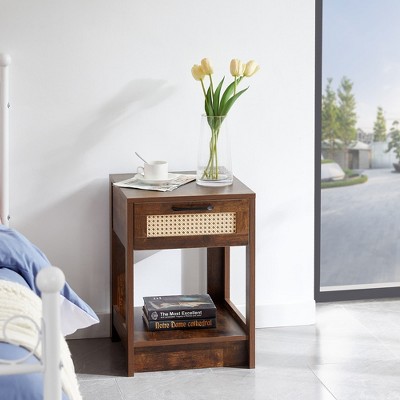 Mayeerty 15.75" Rattan End table with drawer, Modern nightstand, side table for living room, bedroom, Rustic Brown