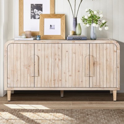 Farmhouse Buffet Cabinet with Shelves, Curved 4-Door Sideboard Credenza, Washed Decorative Storage Cabinet with Wooden Handles-Maison Boucle