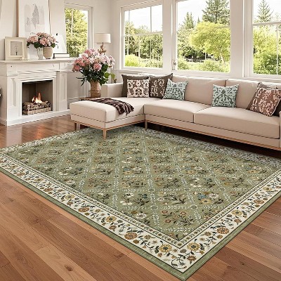Acekool Grey Floral Washable Area Rug, Non-Slip Low Pile Carpet for Living Room, Bedroom, Dining Room, Indoor Foldable Soft Mat