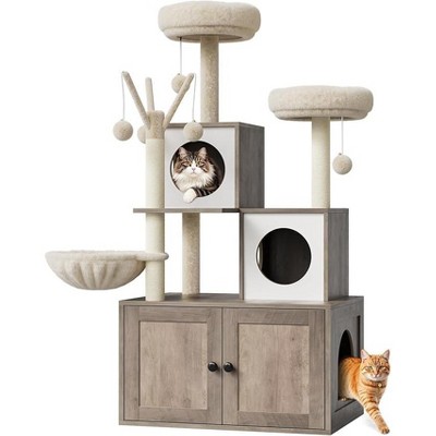Hidden Litter Box Enclosure with Cat Tree Tower, 2-in-1 Cat Condo with Hammocks, Perches, Scratching Posts & Basket
