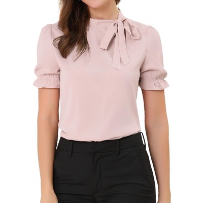 INSPIRE CHIC Women's Bow Tie Neck Solid Color Elastic Cuffs Elegant Office Short Sleeve Blouse