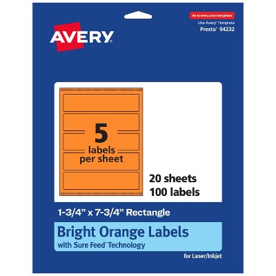 Avery Bright Orange Paper Labels, 1.75" x 7.75" Rectangle