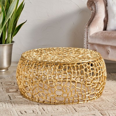 27.5" Aluminium Modern Glam Coffee Table with Gold Accents and Unique Mesh Design for Living Room Decor