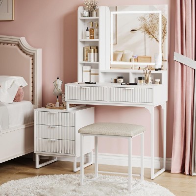 Makeup Vanity Set Modern Table Lighted Mirror Side Storage Cabinet  Vanity Desk Stool Small Table Shelves Drawers