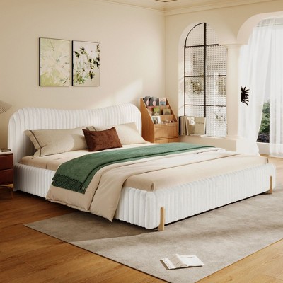 Kumasinova Queen/King Size Sleek White Bed Frame with Boucle Upholstery,Wavy Headboard Eco-Friendly Rubberwood Platform,No Box Spring Required