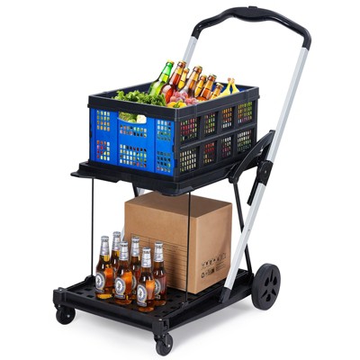 Shopping Cart, 2 Tier Collapsible Folding Grocery Cart with Removable Crate - 198 Lb Capacity, Wheels for Supermarket Home Blue