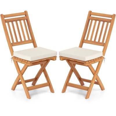 Tangkula Folding Patio Chairs Set of 2 w/ Slatted Backrests & Soft Seat Cushions
