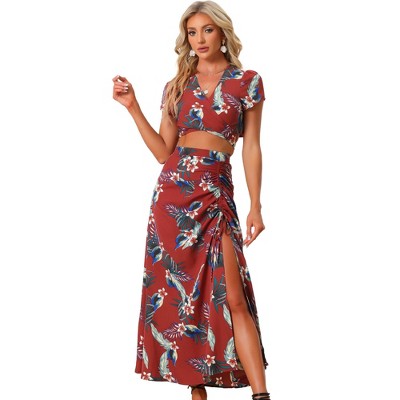 Allegra K Women's Tropical 2-Piece Wrap Crop Top and Hawaiian Ruched Front Maxi Skirt Set