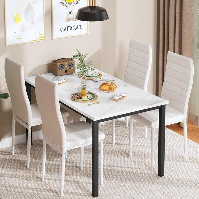 Hooseng 5-Piece Dining Room Table and Chairs Set for 4, Kitchen Table Set with Faux Marble Table & 4 PU Leather Chairs for Apartment