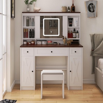 LOVSON Dressing Table with Sliding Mirror, Lighting and Charging Stand with Dimmable LED Lights, Vanity Table with Foam Soft Stool, White + Brown