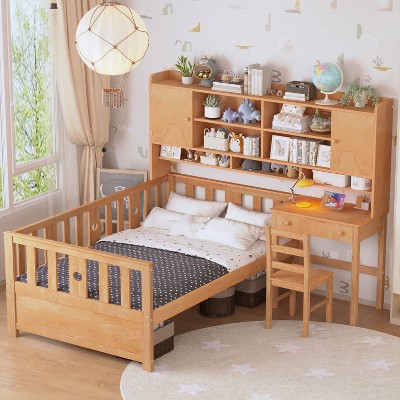 Twin Size Multifunctional Platform Bed with Built-in Desk, Matching Chair, and Bookshelf, White/Natural/Pink-ModernLuxe