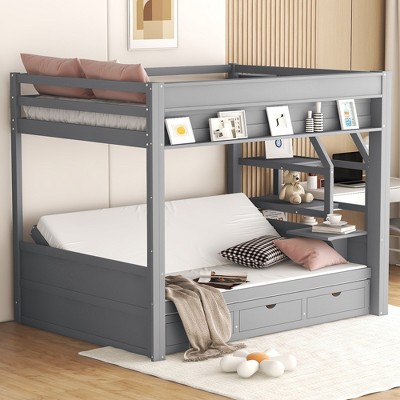 Whisen Wood Full Size Convertible Bunk Bed with Storage Staircase, Bedside Table and 3 Drawers