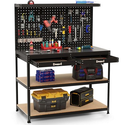 Costway 48" x 24" Workbench Heavy-Duty WorkTable with 3 PCs Pegboard Drawer & Shelves Navy/Black