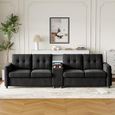Compact Sectional Sofa, 115" 4-Seater Couch with Storage Console, Charging Station & Cup Holders, Upholstered Deep Seat Sofa for Living Rooms
