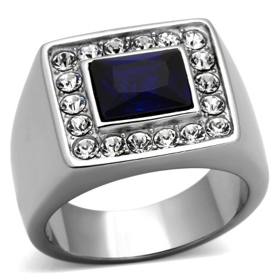 Slickblue Men’s Polished Stainless Steel Ring with Montana Synthetic Glass, Oblong Shape, Size 8-13