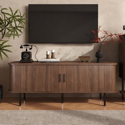 Fluted TV Stand Cabinet with Slatted Tambour Doors, Media Console