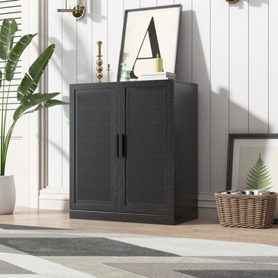 MAYEERTY  Natural Wood Grain Storage Cabinet with Glass Door for Living Room & Bar Area