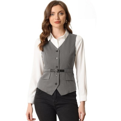 Allegra K Women's V-Neck Sleeveless Irregular Hem Belted Button Front Vest