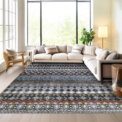 Washable Area Rug Distressed Geometric Printed Boho Rug Non-Slip Low Pile Area Rugs for Living Room Bedroom