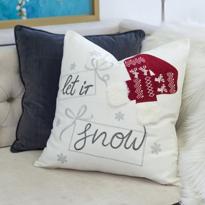 YOOCOZZ Christmas Trendy Decor, Let It Snow Christmas Throw Pillow – 20x20" Square Cotton Cushion with Red & Green Knit Hat Design and Insert