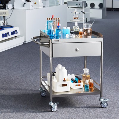 VEVOR Medical Cart, 2-Layer Stainless Steel Cart 220 lbs Weight Capacity, Lab Utility Cart with 360° Silent Wheels and a Drawer