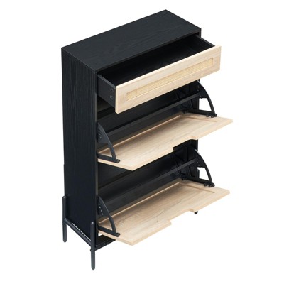 Natural Rattan Shoe Cabinet, 2 Flip Door Shoe Rack with a Drawer, Modern Freestanding Shoe Organizer with 3 Position Adjusted and Removable Shelf