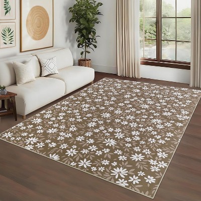 Floral Area Rug, Washable Modern Leaf Pattern Carpet, Non-Slip Low-Pile Throw Rug for Living Room, Bedroom, Dining Room