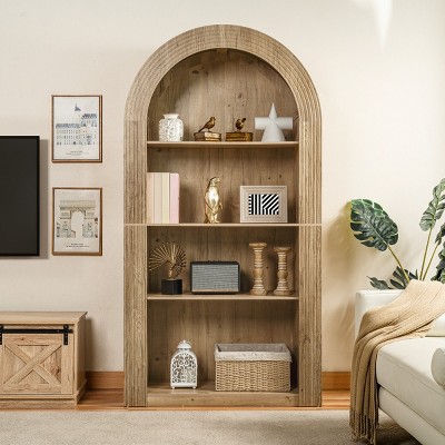 Arched Bookcase with 4 Open Shelves,Tall Bookcase with Storage Shelf for Living Room or Bedroom,Mid Century Modern Display Bookcase-Cuddlewood