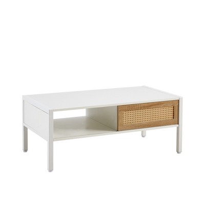 COWLOWN White Rattan Coffee Table, Metal Legs, Sliding Door for Storage, Modern Table for Living Room
