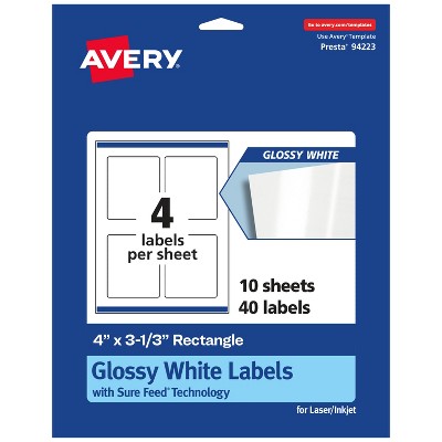 Avery Glossy White Rectangle Labels with Sure Feed, 4" x 3-1/3"