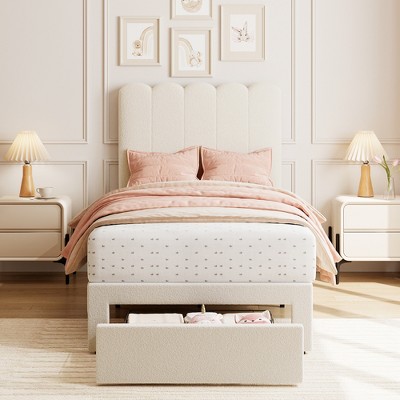 Twin Bed Frame with Storage Drawer and Headboard, Velvet Upholstered Twin Platform Bed Frame for Girls