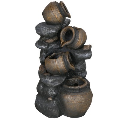 Outsunny 28.3" Solar Powered Outdoor Water Fountain, 4-Tier Resin Cascading Jars and Stacked Stones Waterfall Fountain with LED Lights and Pump