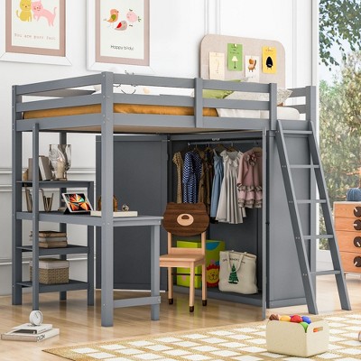 NicBex Full Size Bunk Bed with Desk Loft Bed Wood Bed Frame with Wardrobe, Shelves, Inclined Ladder and Guardrail, No Box Spring Required