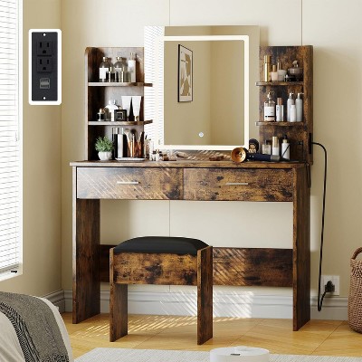 Vanity Desk with Lights, Makeup Vanity Set with 3 Colors LED Lights, Power Outlet, 6 Shelves, 2 Drawers & Cushioned Stool for Bedroom