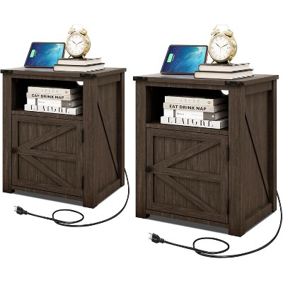 Dyonery 18" Farmhouse Night Stand with Charging Station Rustic End Table for Living Room Bed Side Table Cabinet Wooden Nightstand for Bedside Table