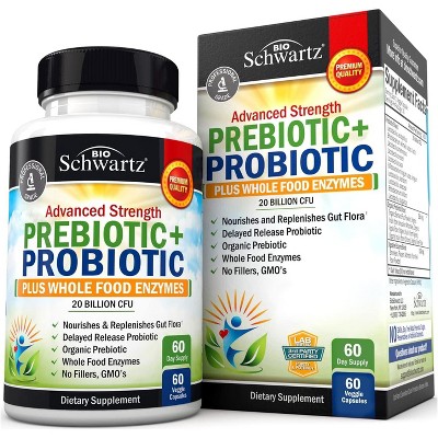Prebiotic and Probiotic 20 Billion CFU + Whole Food Enzymes Capsules, Shelf-Stable, Probiotics Lactobacillus Acidophilus, Bioschwartz, 30 or 60ct