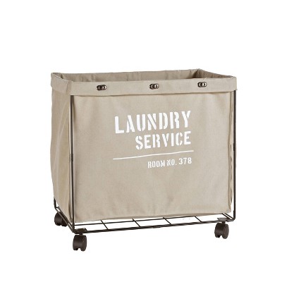 Danya B. Army Canvas Laundry Hamper on Wheels: Heavy Duty Beige Clothes Sorter, Portable Iron Frame, 32 Volume Capacity