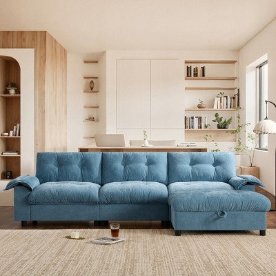 Whisen L-Shape Chenille Sectional Sofa with Movable Ottoman, Storage Armrest, Charging Ports, Cup Holder and Side Pockets, 4-Seat