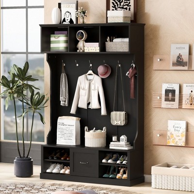 57'' Hall Tree with 6 Hooks, Coat Hanger, Entryway Bench, 3-in-1 Design, A Spacious Drawer for Entrance, Living Room