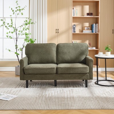 MOONMISS Mid Century 2 Seater Sofa PU and Boucle Couches for Living Room, Small Couch with USB & Removable Pillow Cover