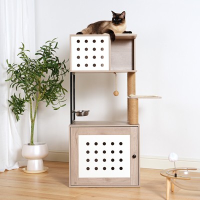 ORRD  Modern Cat Tree w/Litter Box Enclosure, Hammock, Bed, Scratching Posts & Food Station – Gray+White