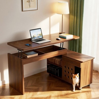 L-Shaped Office Desk Height Adjustable Executive Desk with Storage, Gaming Desk Writing Desk Work Desk, Walnut - ModernLuxe